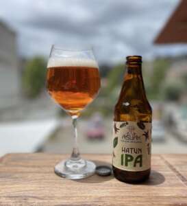 Cerveza IPA asuak con paisaje de fondo